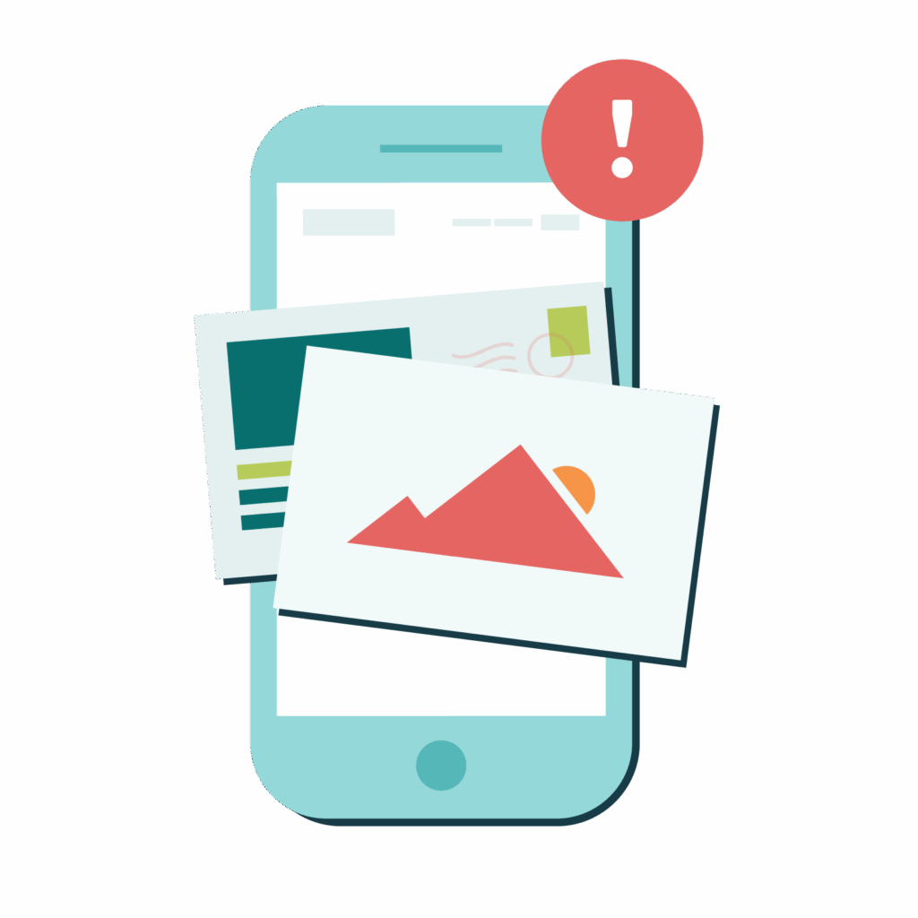 An icon of a mobile device with a postcard overlaid. The icon has a warning symbol to indicate "stop."