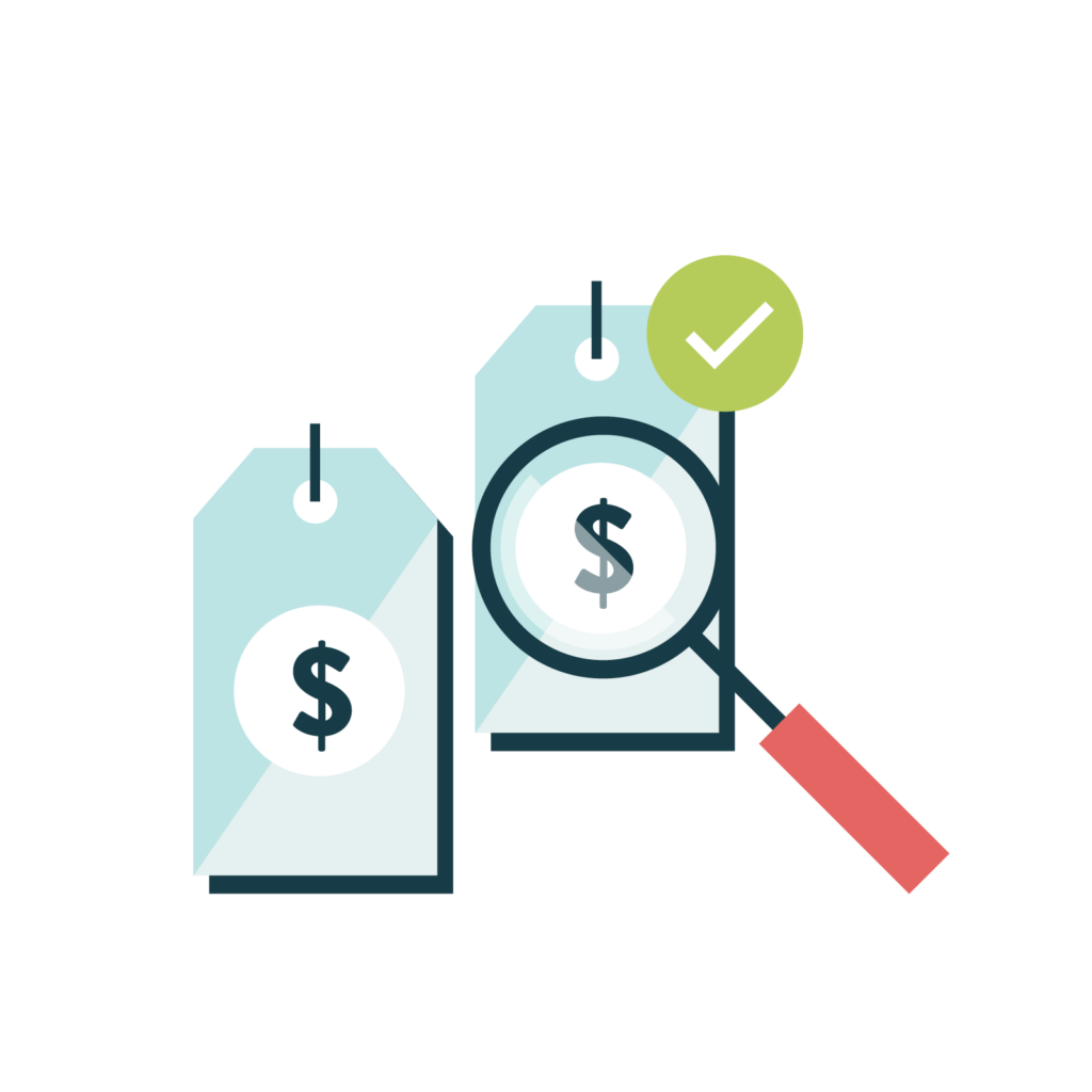 Icon of price tags being inspected by a magnifying glass to represent unbeatable price.