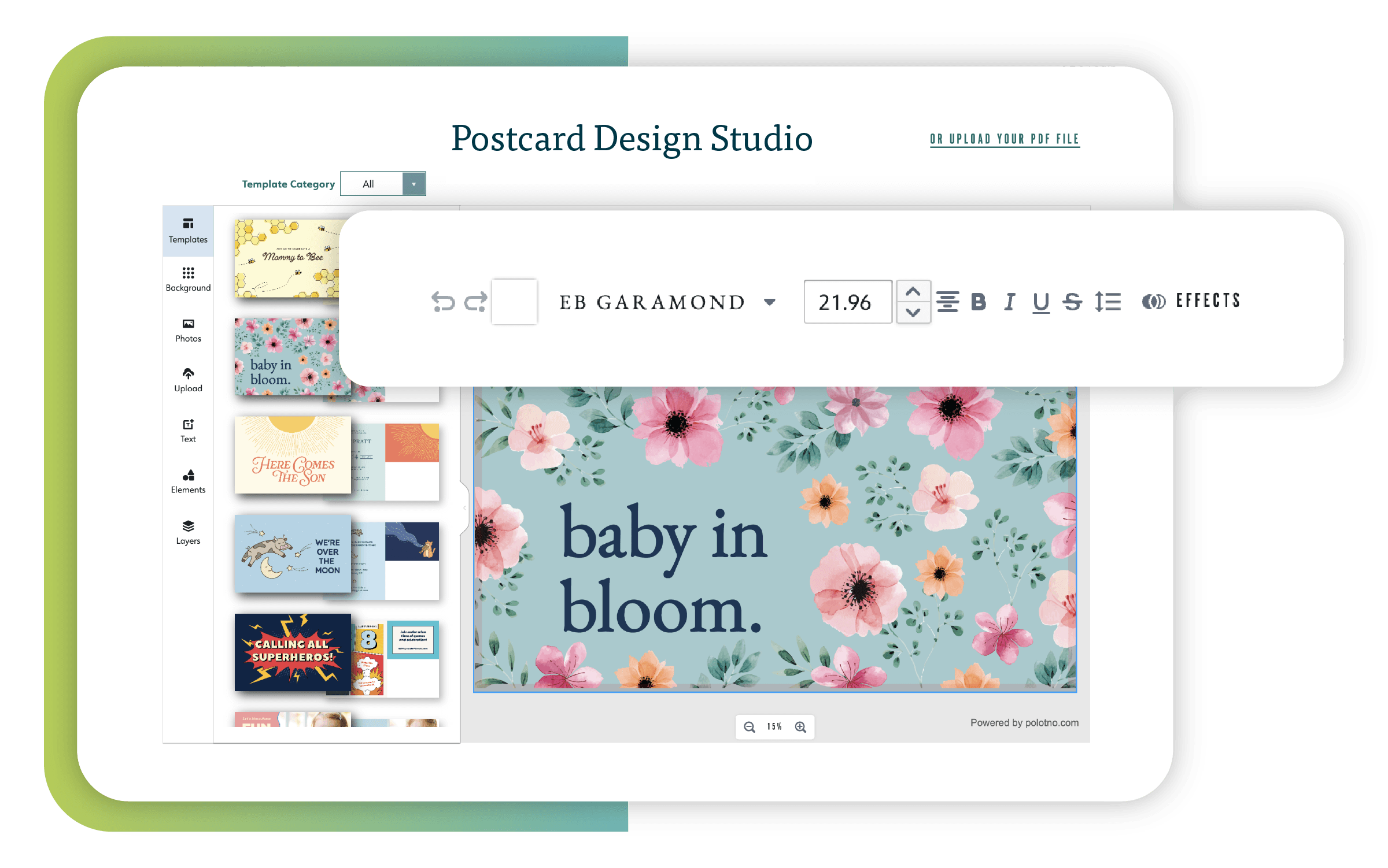 Screenshots showing the Postcard One design studio tools.