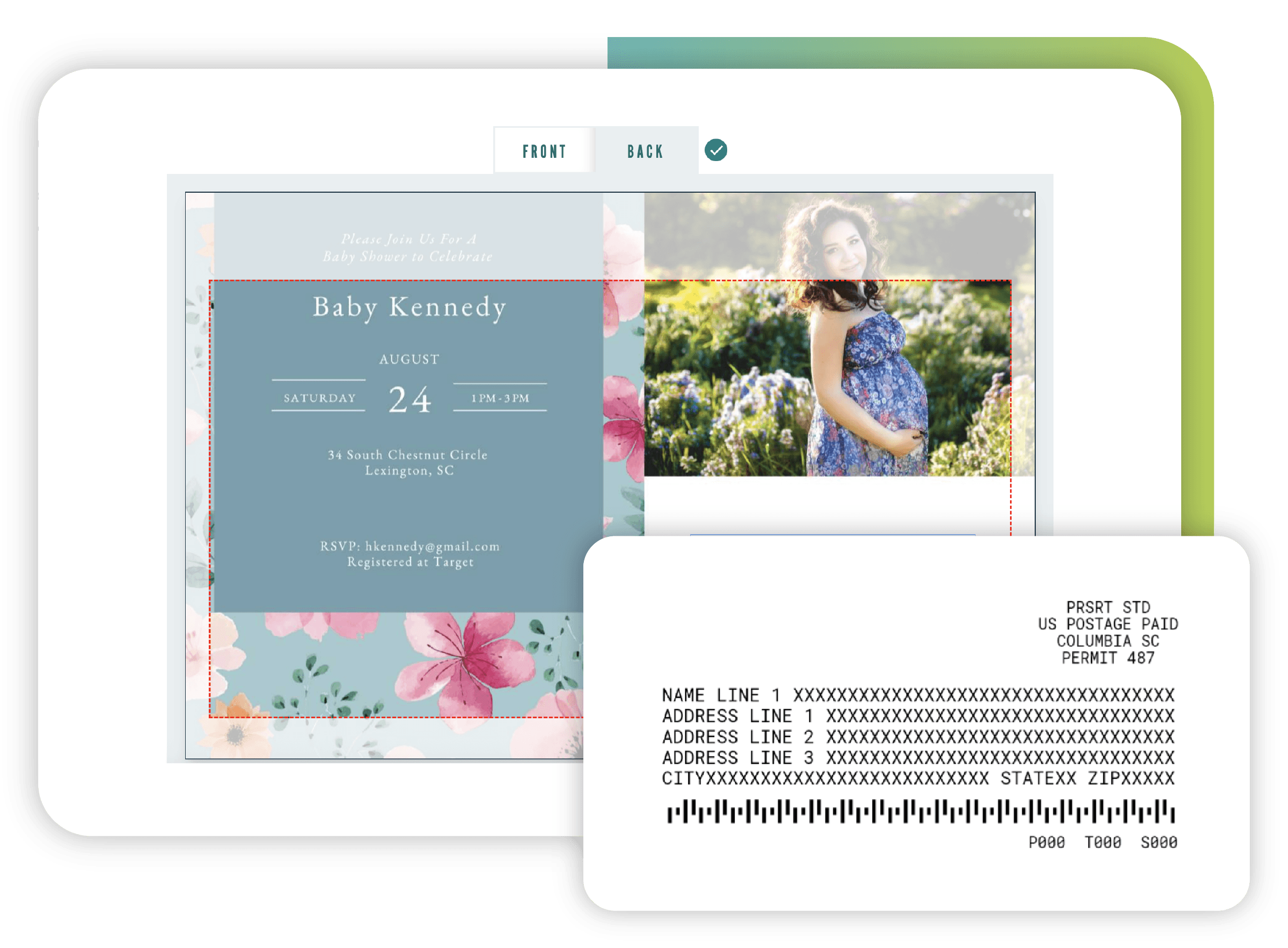 Screenshots showing how you can add your address block in the Postcard One design studio.