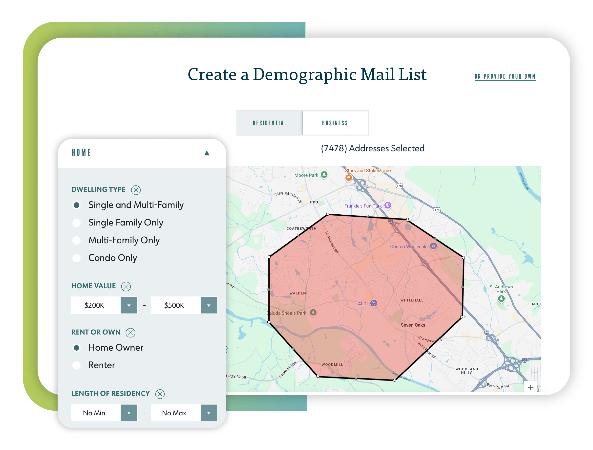Screenshots showing how you can create a custom mail list by drawing on a map in the Postcard One design studio.