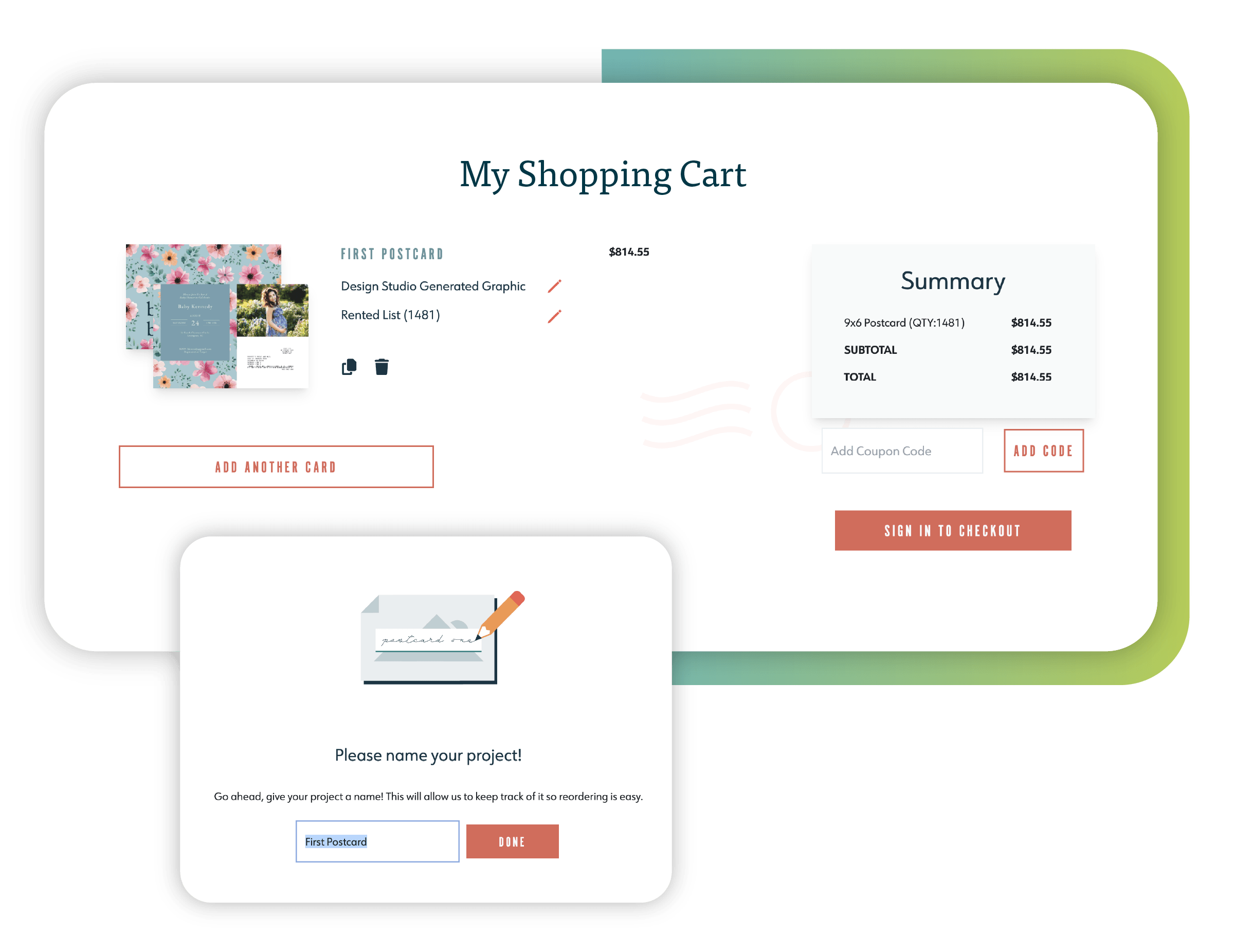 Screenshots showing the shopping cart page that you'll see when you purchase postcards.
