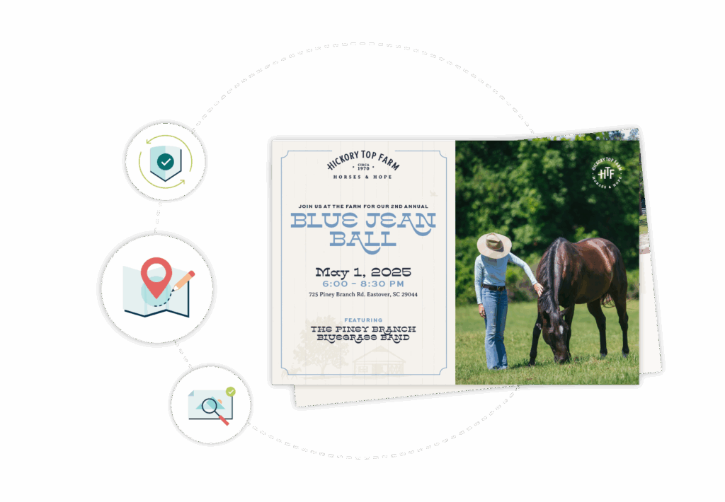 A graphic of Hickory Top Farm's celebration postcard with some icons.