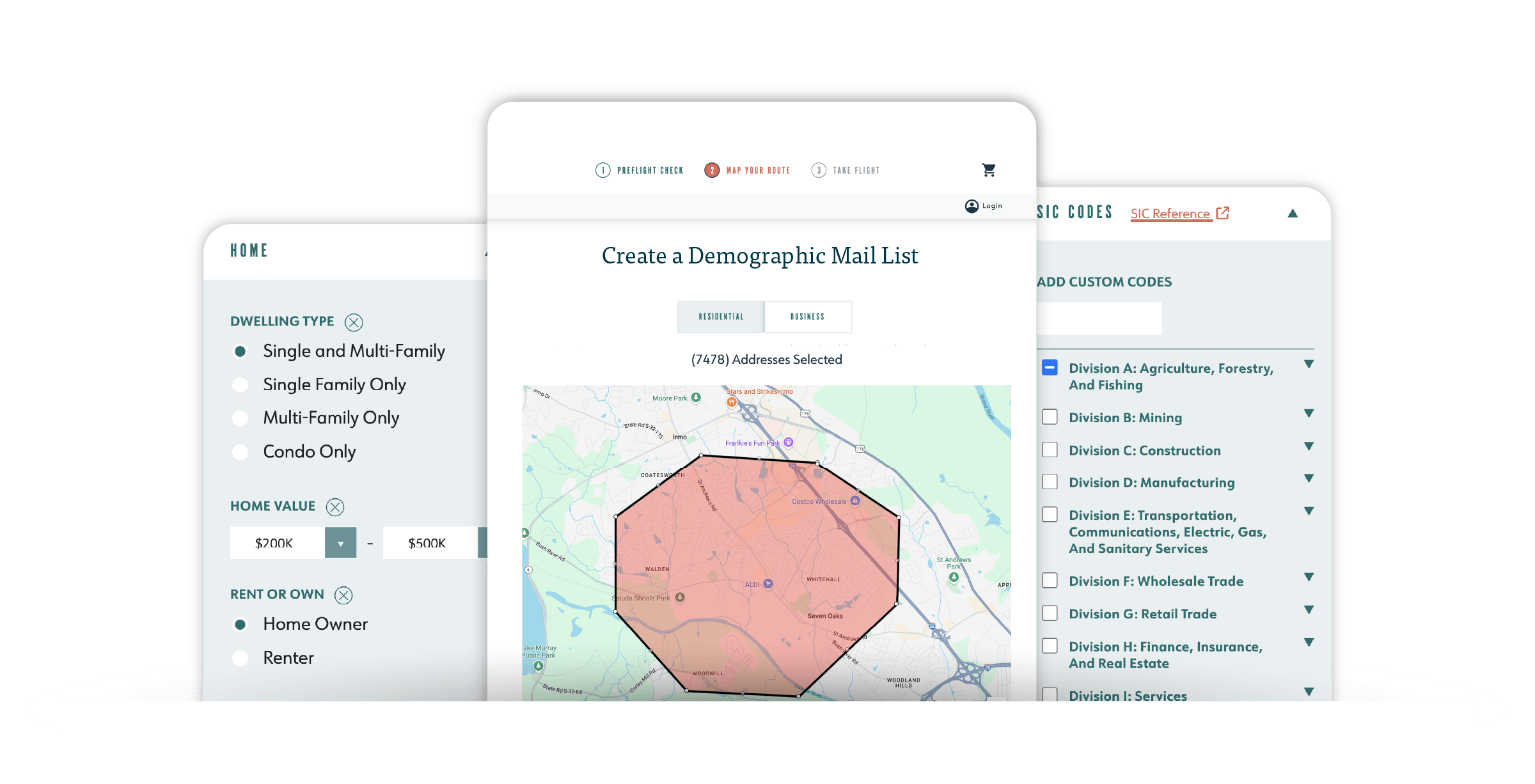 Screenshots of Postcard One's custom mail list building tool.