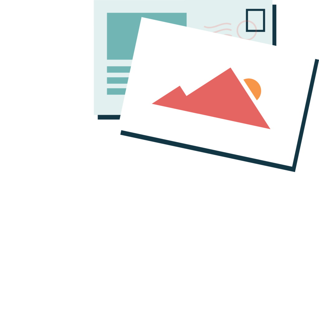A green and gray postcard and a red and orange postcard going up into the air.