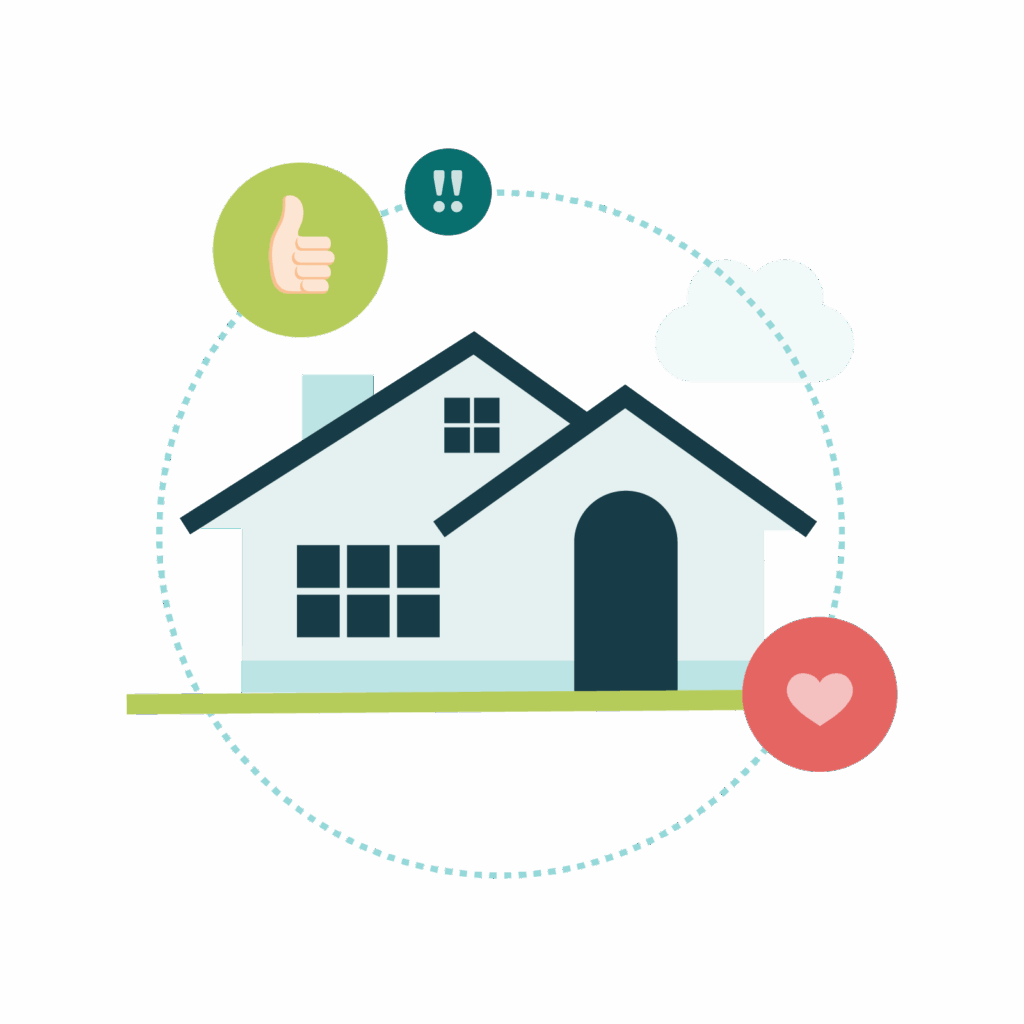 An icon of a house with love, like and "gasp" icons circling it to represent "get noticed by neighbors."