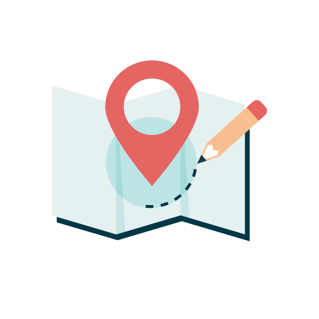 Illustration of tri-folded white paper with a blue circle and pencil drawing and a red map marker in the center.