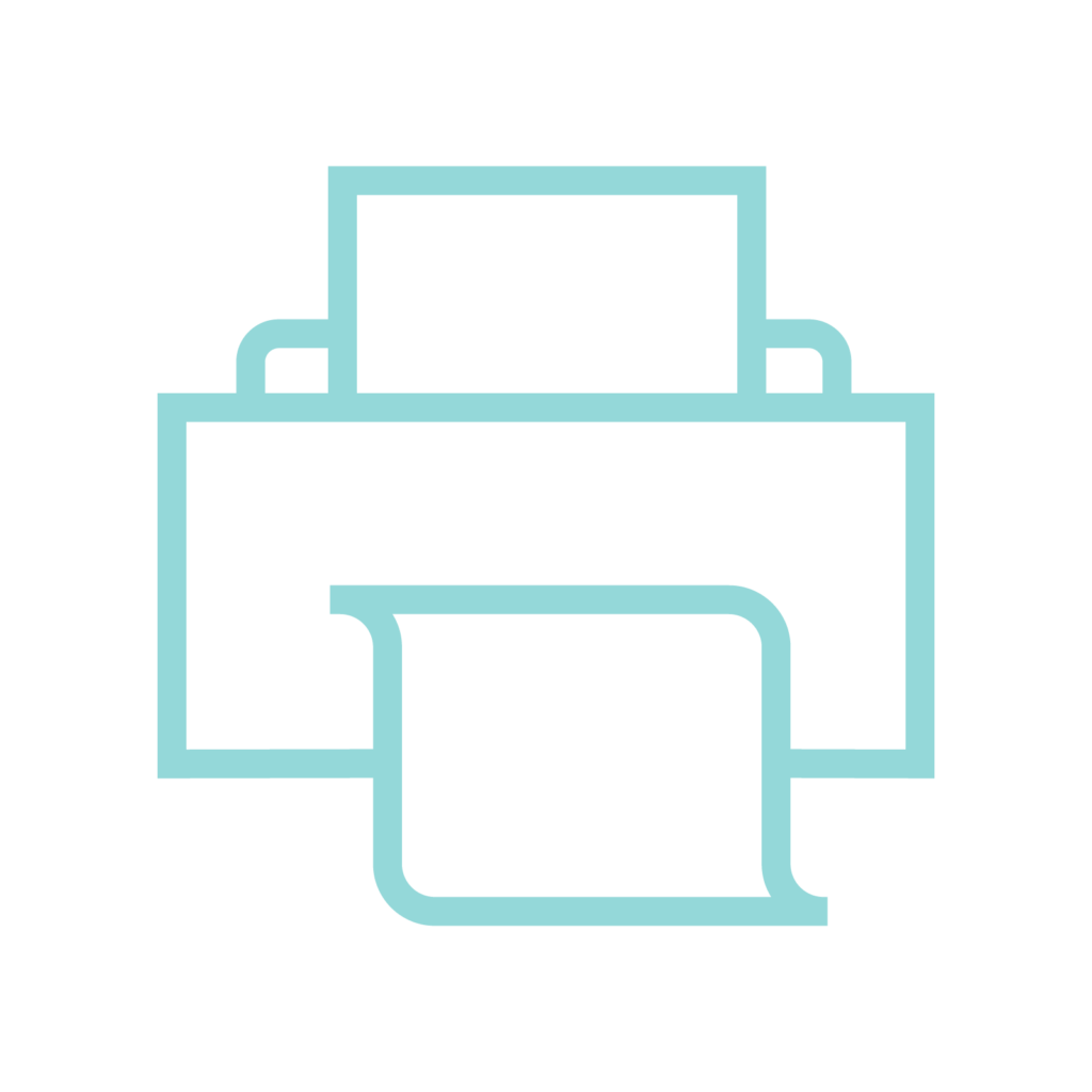 Icon for printing that involves several green icons and a piece of paper coming out the front.