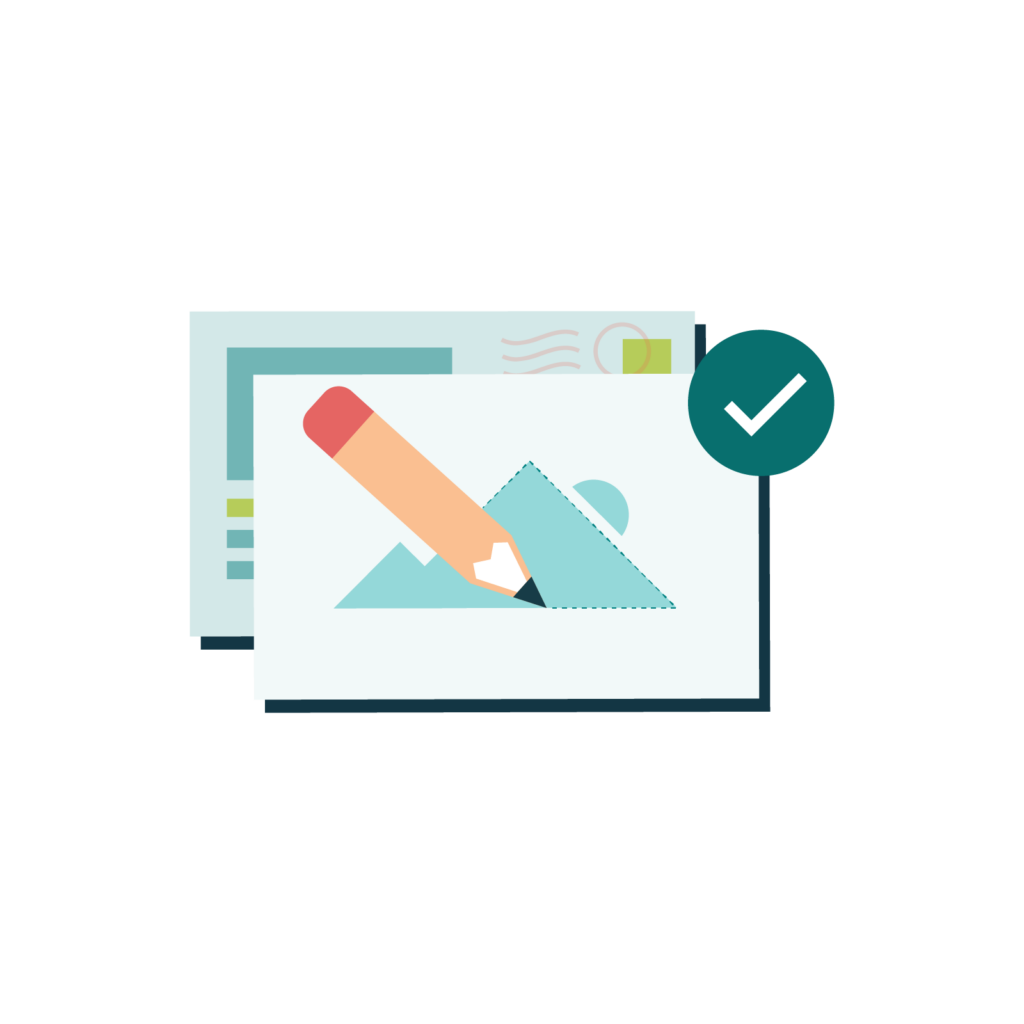 Icon showing a pencil drawing blue mountains with a sun and an envelope and a check mark.