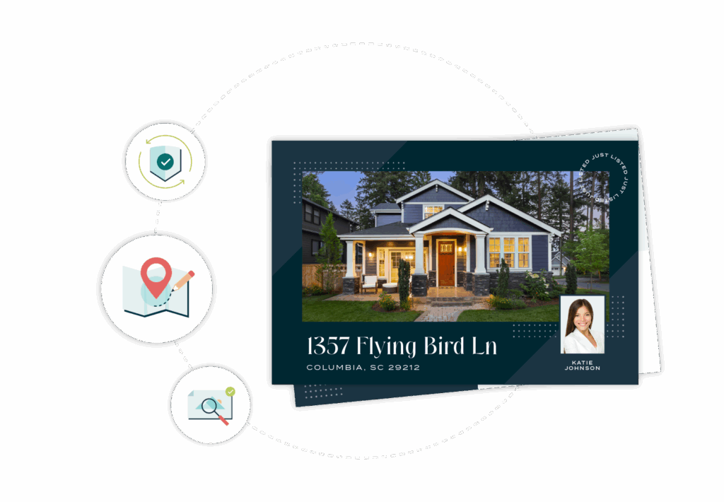 A graphic of a real estate postcard with some icons.