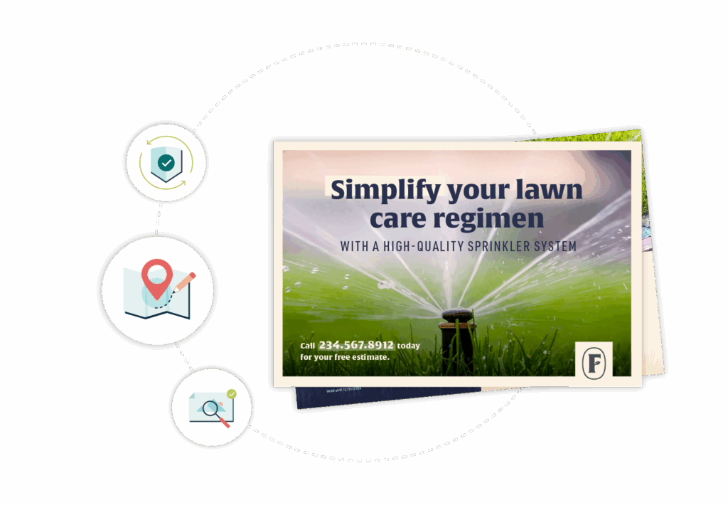 A graphic of a lawn service postcard with some icons.